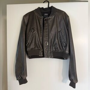 Zara Women's Dark Brown Faux Leather Bomber Jacket